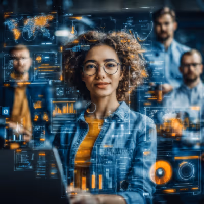 Young woman with glasses and curly hair standing confidently in front of transparent digital data displays with colleagues blurred in the background.