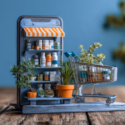 Smartphone displaying a miniature shop with shelves of products and a striped awning next to a shopping cart holding potted plants on a wooden surface.