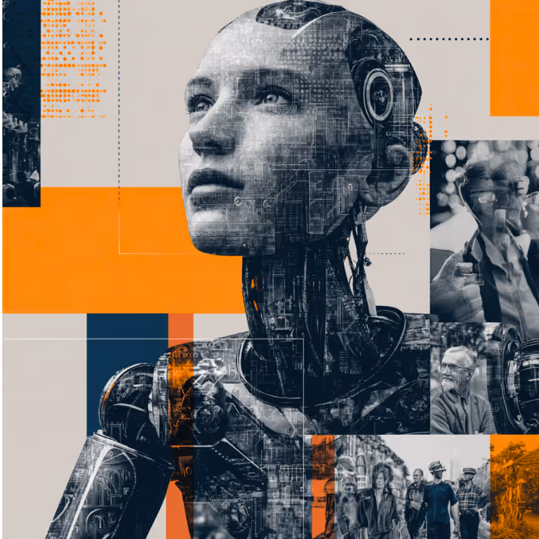 Futuristic robot with a human-like face looking upward, with embedded circuit patterns and overlaid images of professionals in a collage style with orange, navy, and gray geometric elements.