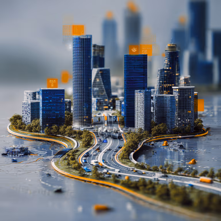 Futuristic cityscape with tall blue skyscrapers, busy curved highway, and digital orange interface elements.