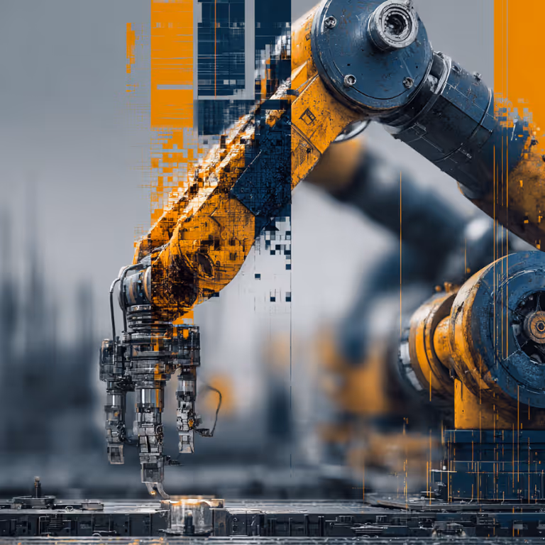 Close-up of a yellow robotic arm with a mechanical gripper working on an industrial assembly line, with digital effects overlay.