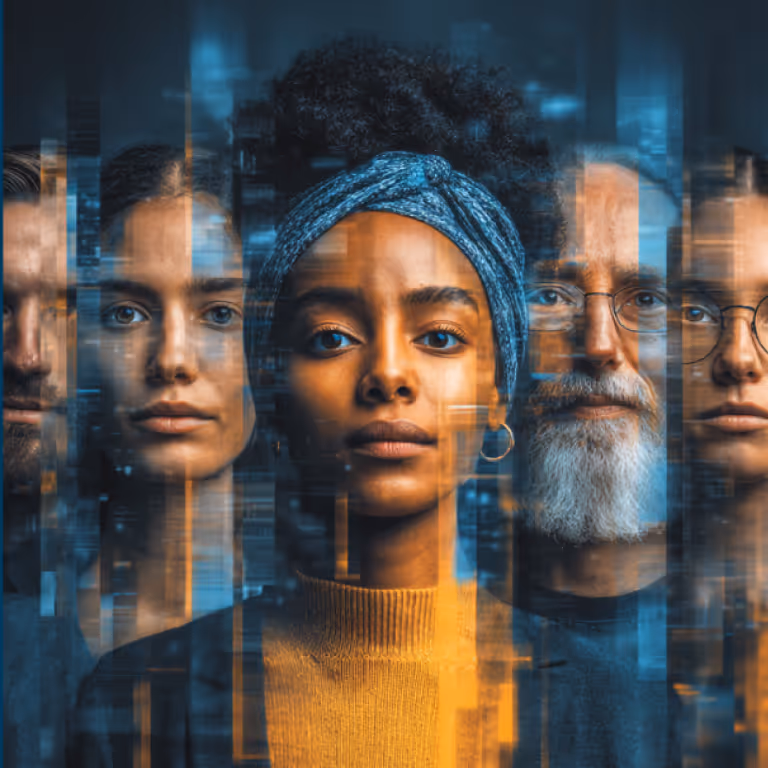 Portraits of a diverse group of five people overlaid with digital glitch effects.