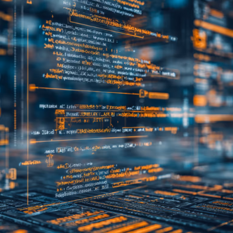 Blurry, glowing orange computer code displayed in 3D layers against a dark background.