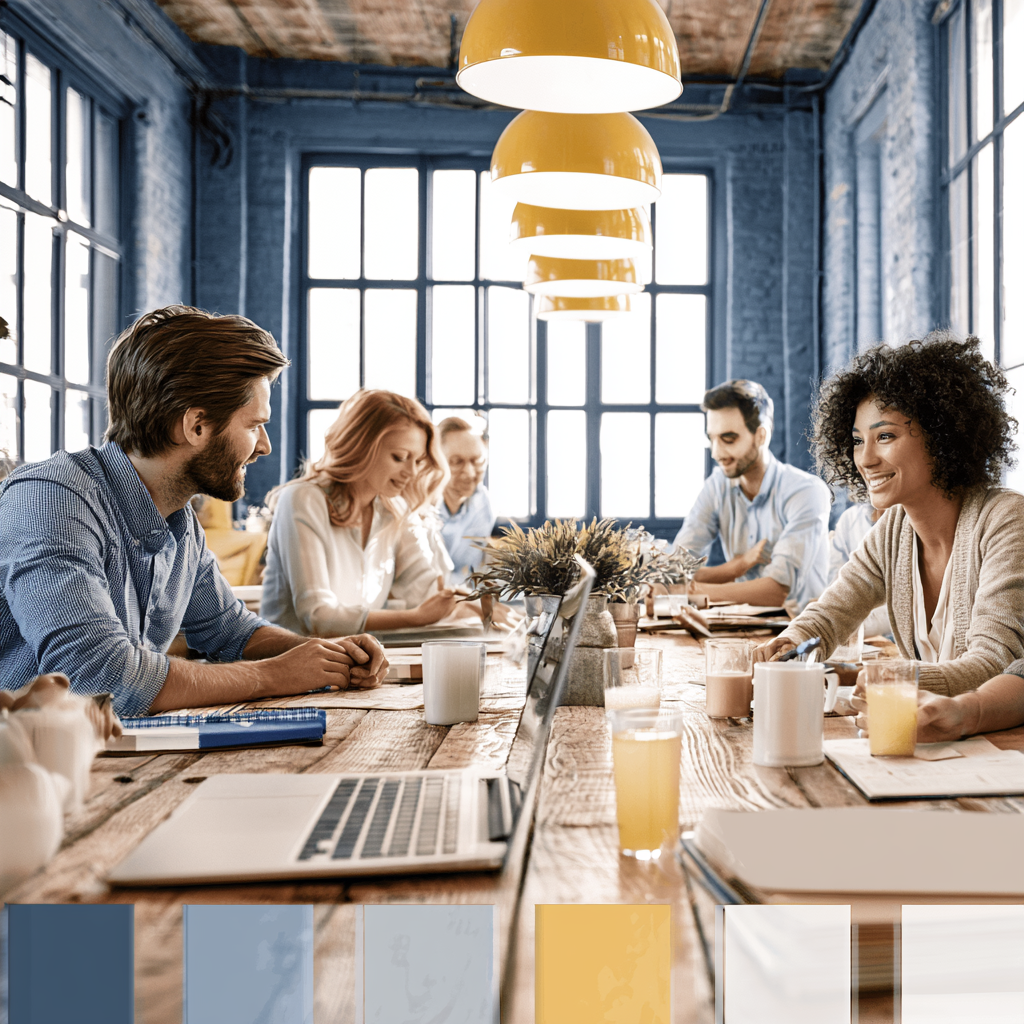 diverse group of professional men and women advising and consulting clients. Modern business casual attire. Collaborative environment.