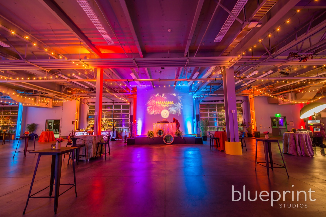 Colorful holiday party with blueprint theme