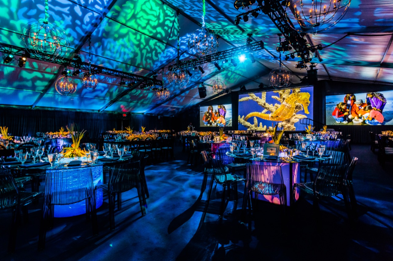 A tented gala under an underwater-themed gobo wash with marine LED screens and glowing orb chandeliers, produced by Impact.