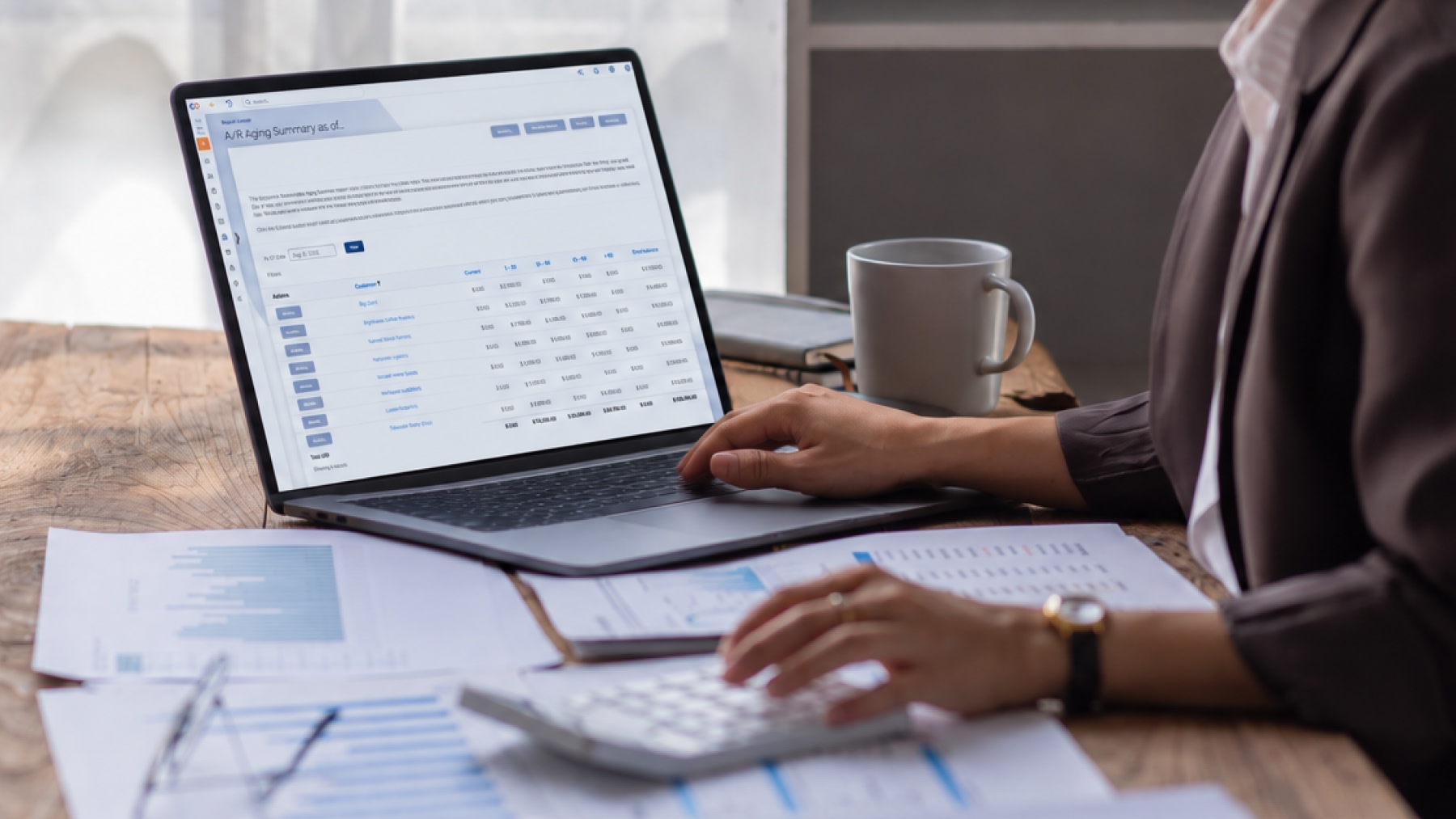An accountant at a desk with a calculator, reviewing ChargeOver's A/R Aging Summary report on a laptop