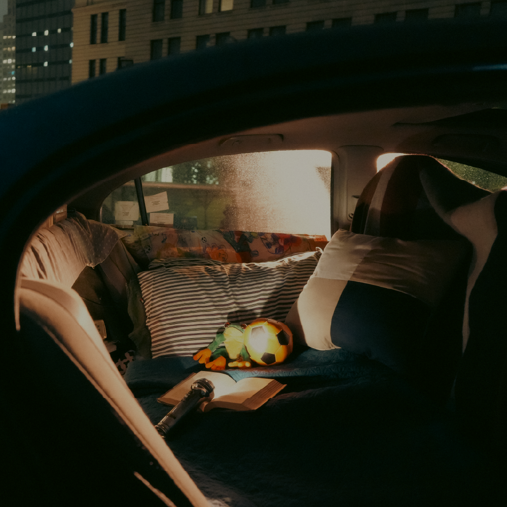 Image of a child's pillow in a car