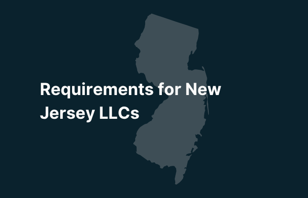 Graphic image of New Jersey state silhouette in grey on a dark teal background with white text that says 'Requirements for New Jersey LLCs' positioned on the left side