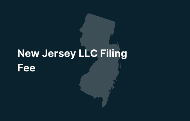 Graphic image of New Jersey state silhouette in grey on a dark teal background with white text that says 'New Jersey LLC Filing Fee' positioned on the left side