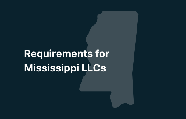 Graphic image of Mississippi state silhouette in grey on a dark teal background with white text that says 'Requirements for Mississippi LLCs' positioned on the left side