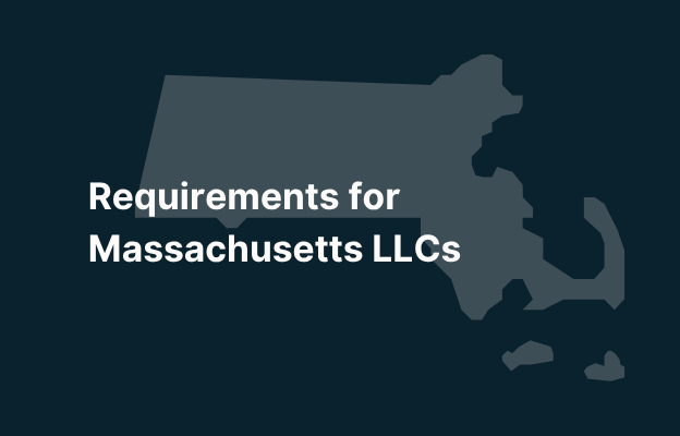 Graphic image of Massachusetts state silhouette in grey on a dark teal background with white text that says 'Requirements for Massachusetts LLCs' positioned on the left side