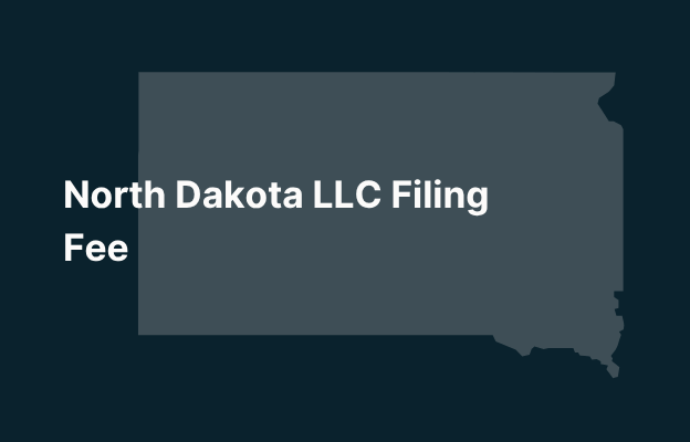 Graphic image of North Dakota state silhouette in grey on a dark teal background with white text that says 'North Dakota LLC Filing Fee' positioned on the left side