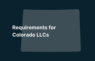 Graphic image of Colorado state silhouette in grey on a dark teal background with white text that says 'Requirements for Colorado LLCs' positioned on the left side