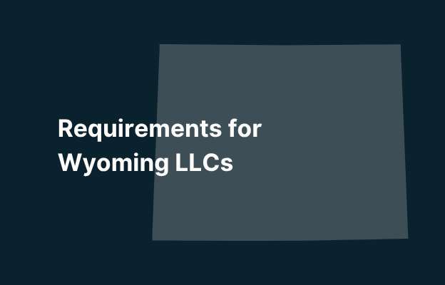 Graphic image of Wyoming state silhouette in grey on a dark teal background with white text that says 'Requirements for Wyoming LLCs' positioned on the left side