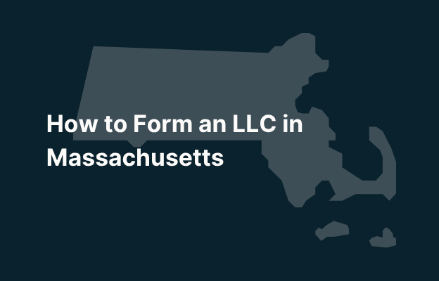Graphic image of Massachusetts state silhouette in grey on a dark teal background with white text that says 'How to Form an LLC in Massachusetts' positioned on the left side