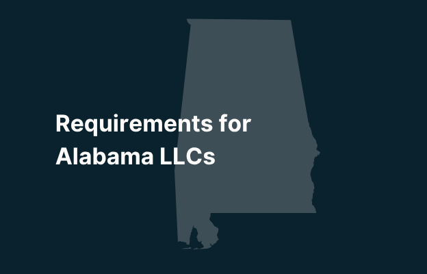Graphic image of Alabama state silhouette in grey on a dark teal background with white text that says 'Requirements for Alabama LLCs' positioned on the left side