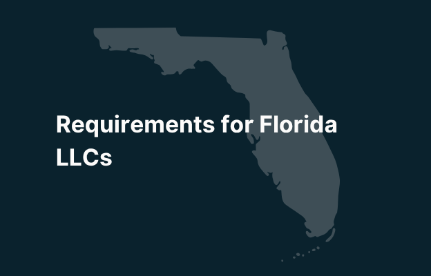 Graphic image of Florida state silhouette in grey on a dark teal background with white text that says 'Requirements for Florida LLCs' positioned on the left side