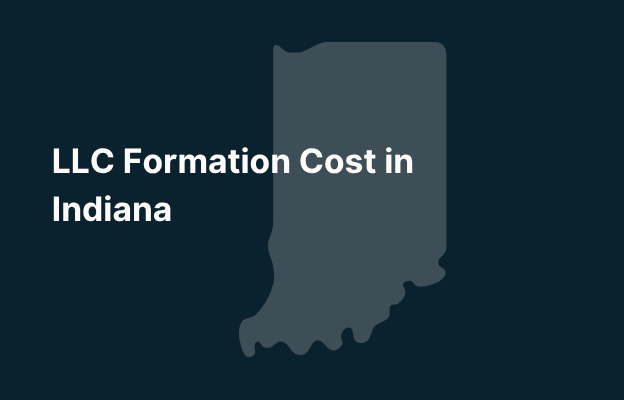 Graphic image of Indiana state silhouette in grey on a dark teal background with white text that says 'LLC Formation Cost in Indiana' positioned on the left side