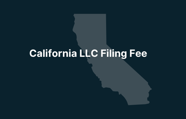 Graphic image of California state silhouette in grey on a dark teal background with white text that says 'California LLC Filing Fee' positioned on the left side