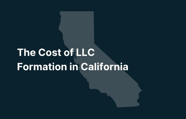 Graphic image of California state silhouette in grey on a dark teal background with white text that says 'The Cost of LLC Formation in California' positioned on the left side