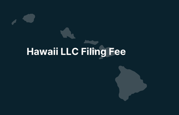 Graphic image of Hawaii state silhouette in grey on a dark teal background with white text that says 'Hawaii LLC Filing Fee' positioned on the left side