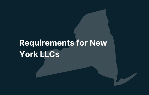 Graphic image of New York state silhouette in grey on a dark teal background with white text that says 'Requirements for New York LLCs' positioned on the left side