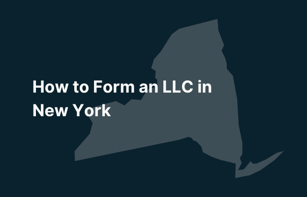 Graphic image of New York state silhouette in grey on a dark teal background with white text that says 'Requirements for New York LLCs' positioned on the left side