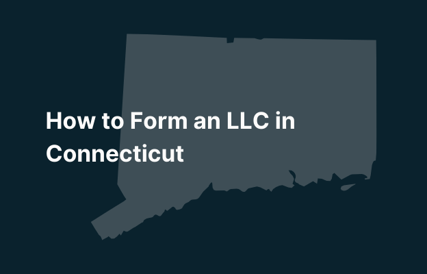 Graphic image of Connecticut state silhouette in grey on a dark teal background with white text that says 'How to Form an LLC in Connecticut' positioned on the left side