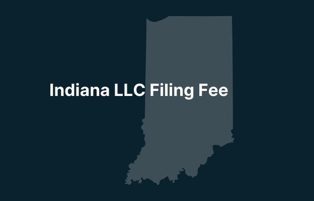Graphic image of Indiana state silhouette in grey on a dark teal background with white text that says 'Indiana LLC Filing Fee' positioned on the left side