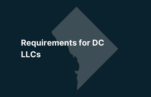 Graphic image of District of Columbia silhouette in grey on a dark teal background with white text that says 'Requirements for DC LLCs' positioned on the left side