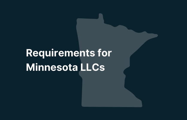 Graphic image of Minnesota state silhouette in grey on a dark teal background with white text that says 'Requirements for Minnesota LLCs' positioned on the left side