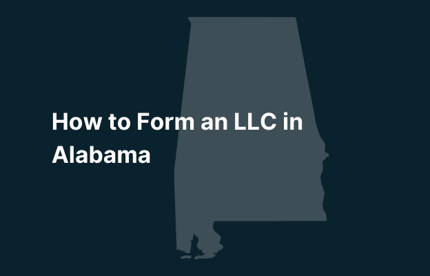 Graphic image of Alabama state silhouette in grey on a dark teal background with white text that says 'How to Form an LLC in Alabama' positioned on the left side