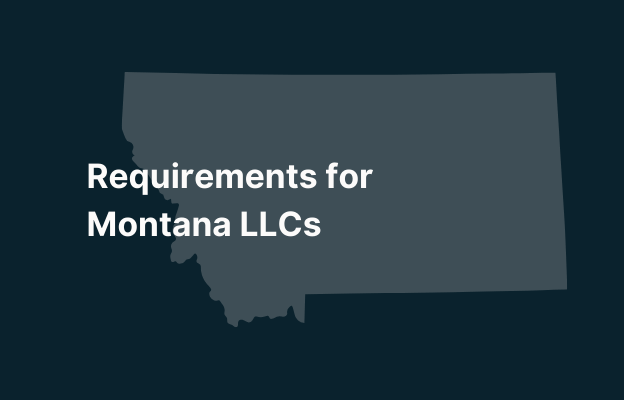 Graphic image of Montana state silhouette in grey on a dark teal background with white text that says 'Requirements for Montana LLCs' positioned on the left side