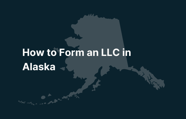 Graphic image of Alaska state silhouette in grey on a dark teal background with white text that says 'How to Form an LLC in Alaska' positioned on the left side