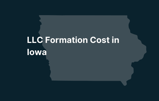 Graphic image of Iowa state silhouette in grey on a dark teal background with white text that says 'LLC Formation Cost in Iowa' positioned on the left side