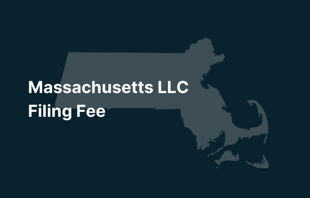Graphic image of Massachusetts state silhouette in grey on a dark teal background with white text that says 'Massachusetts LLC Filing Fee' positioned on the left side