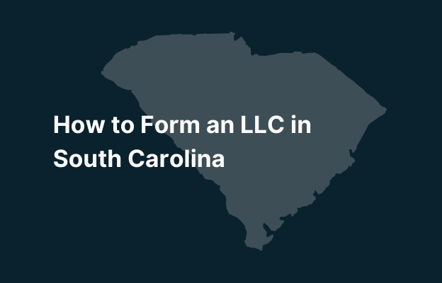 Graphic image of South Carolina state silhouette in grey on a dark teal background with white text that says 'How to Form an LLC in South Carolina' positioned on the left side