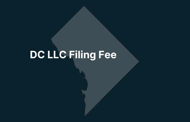 Graphic image of Washington DC silhouette in grey on a dark teal background with white text that says 'DC LLC Filing Fee' positioned on the left side