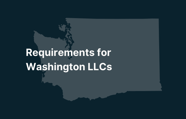 Graphic image of Washington state silhouette in grey on a dark teal background with white text that says 'Requirements for Washington LLCs' positioned on the left side
