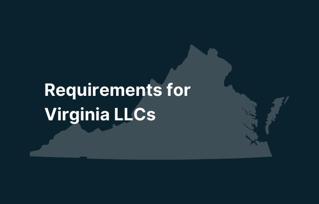 Graphic image of Virginia state silhouette in grey on a dark teal background with white text that says 'Requirements for Virginia LLCs' positioned on the left side