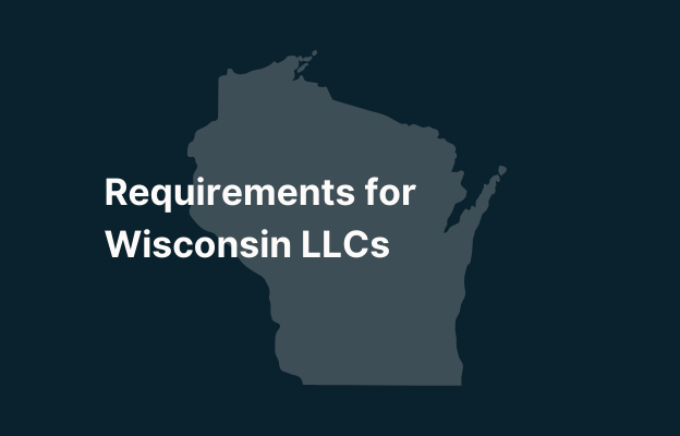Graphic image of Wisconsin state silhouette in grey on a dark teal background with white text that says 'Requirements for Wisconsin LLCs' positioned on the left side