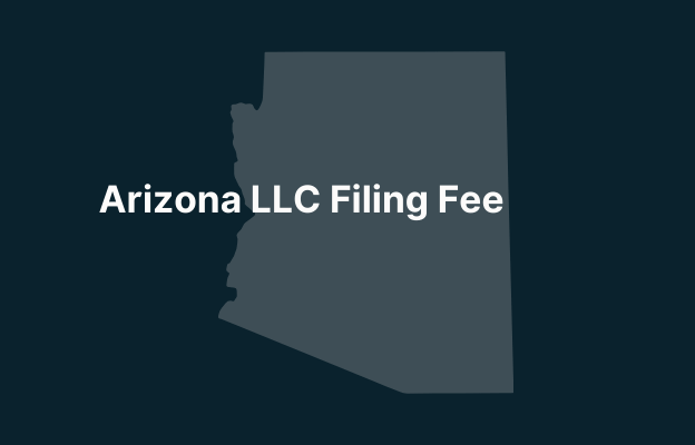Graphic image of Arizona state silhouette in grey on a dark teal background with white text that says 'Arizona LLC Filing Fee' positioned on the left side