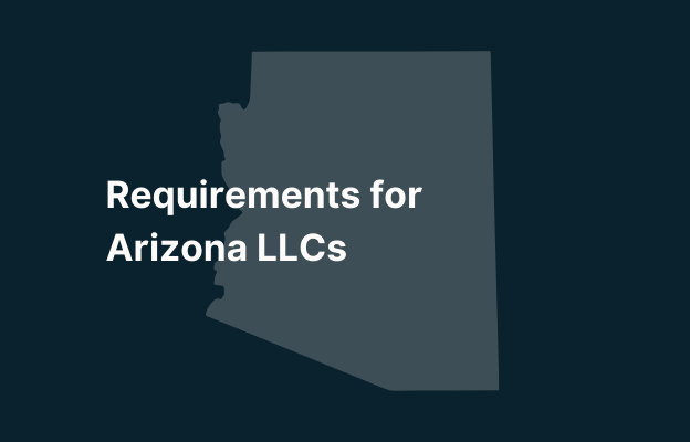 Graphic image of Arizona state silhouette in grey on a dark teal background with white text that says 'Requirements for Arizona LLCs' positioned on the left side