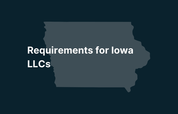 Graphic image of Iowa state silhouette in grey on a dark teal background with white text that says 'Requirements for Iowa LLCs' positioned on the left side