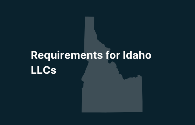 Graphic image of Idaho state silhouette in grey on a dark teal background with white text that says 'Requirements for Idaho LLCs' positioned on the left side