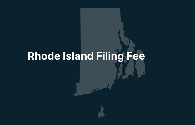Graphic image of Rhode Island state silhouette in grey on a dark teal background with white text that says 'Rhode Island Filing Fee' positioned on the left side