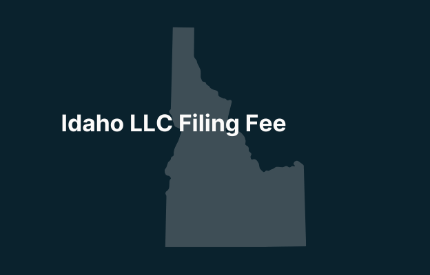 Graphic image of Idaho state silhouette in grey on a dark teal background with white text that says 'Idaho LLC Filing Fee' positioned on the left side