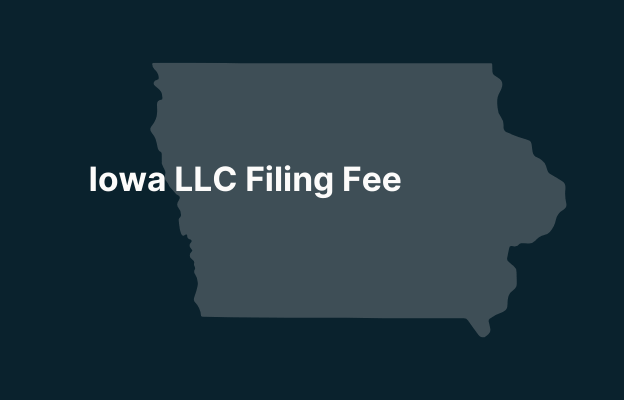 Graphic image of Iowa state silhouette in grey on a dark teal background with white text that says 'Iowa LLC Filing Fee' positioned on the left side