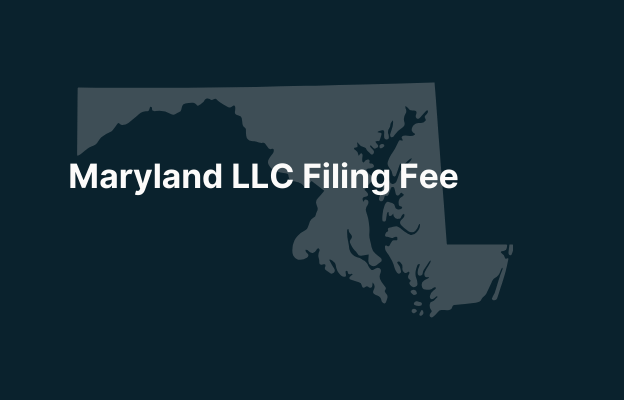 Graphic image of Maryland state silhouette in grey on a dark teal background with white text that says 'Maryland LLC Filing Fee' positioned on the left side